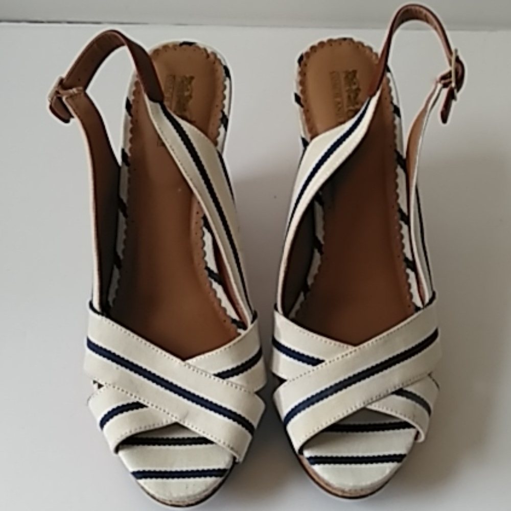 Cream and navy sling back peep toe nautical‎ sandals